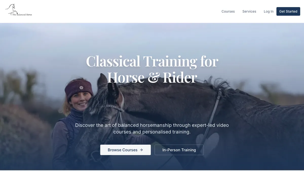 The Balanced Horse video learning platform showing course library and lesson view